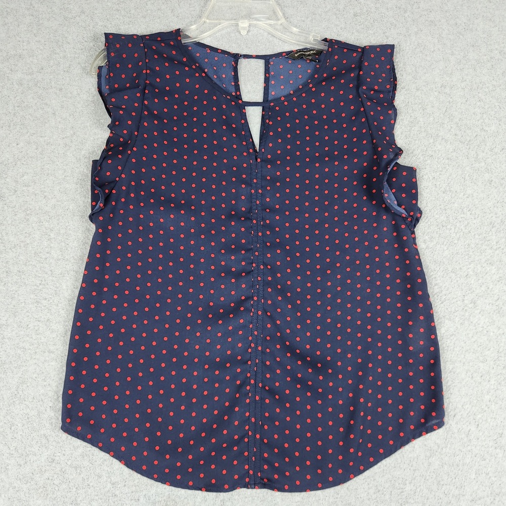 Banana Republic Blouse Womens XS Navy Red Polka Dot Ruffle Sleeve Keyhole‎ Neck